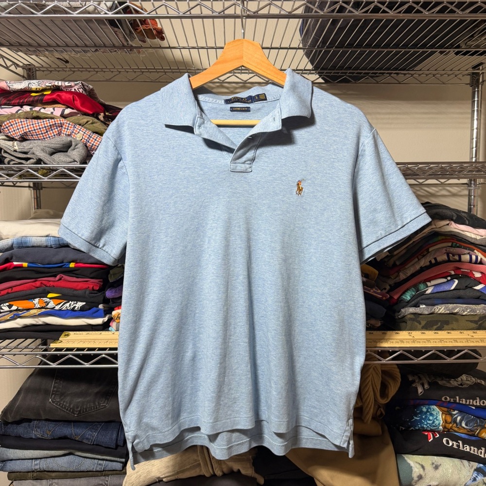 Polo Ralph Lauren Polo Shirt Mens L Blue Custom Slim Fit Short Sleeve Heathered